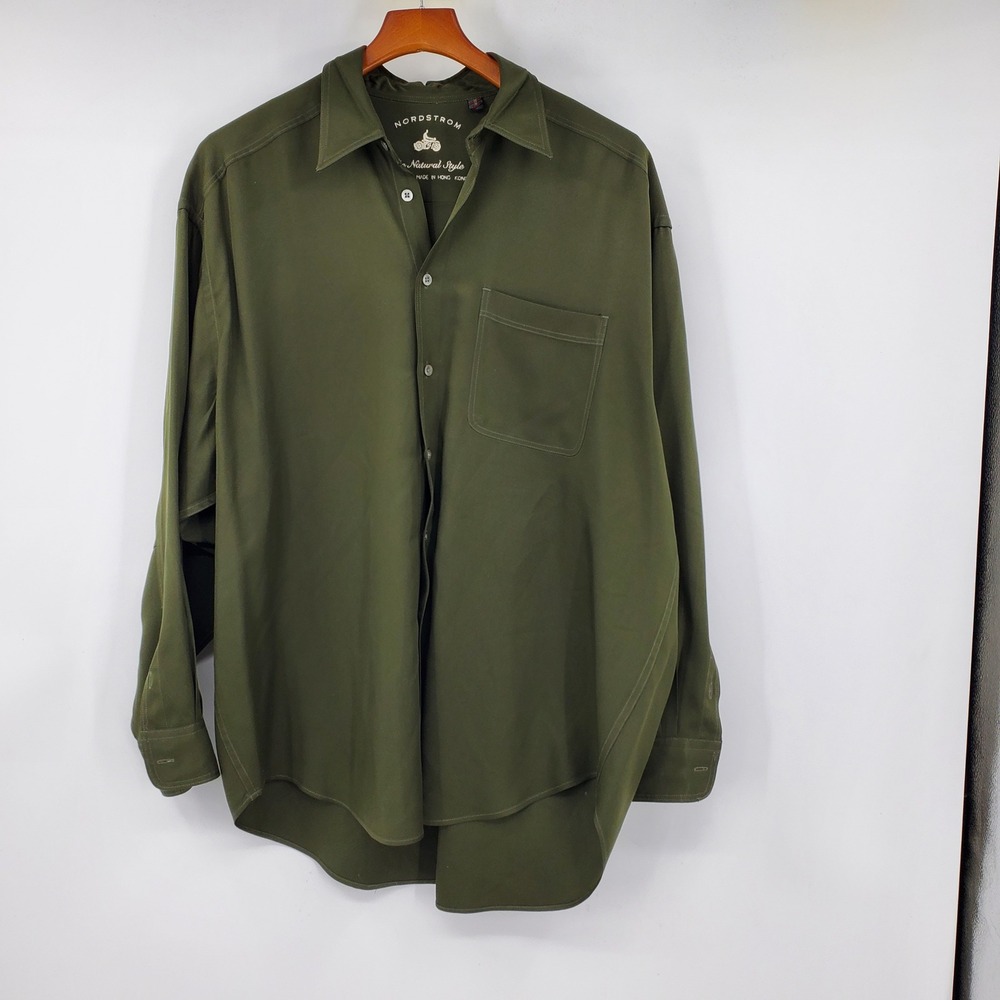 Vintage Nordstrom The Natural Style Mens Olive Green 100% Silk Button Shirt 16R
